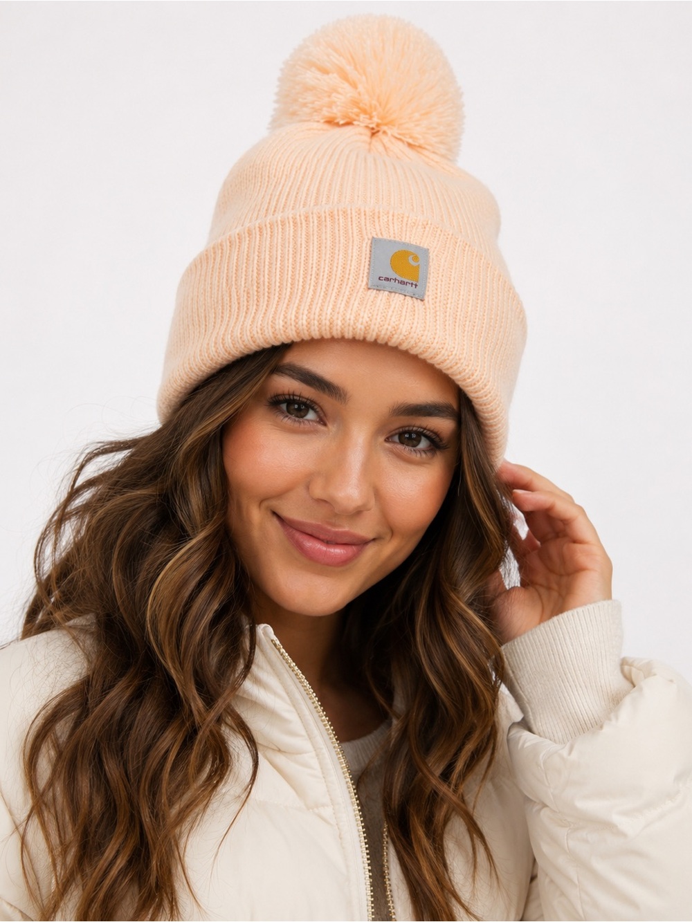 Carhartt Women’s Knit Pom Pom Cuffed Beanie Peach Pink NWT One Size